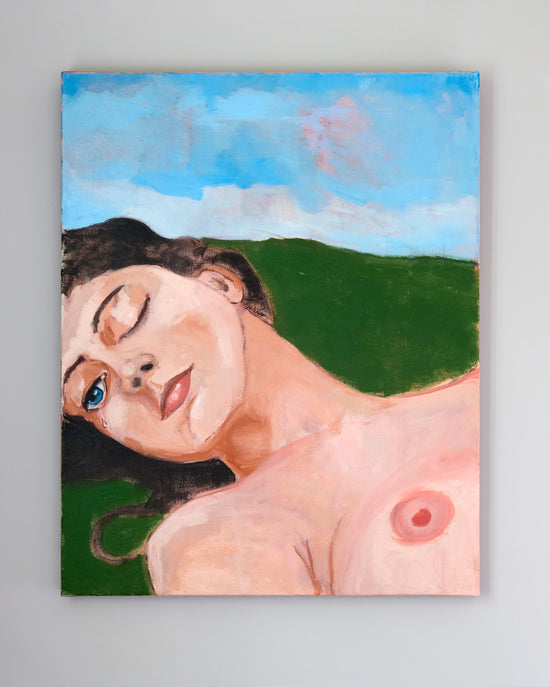 Painting of a nude figure with a landscape background on a gray surface